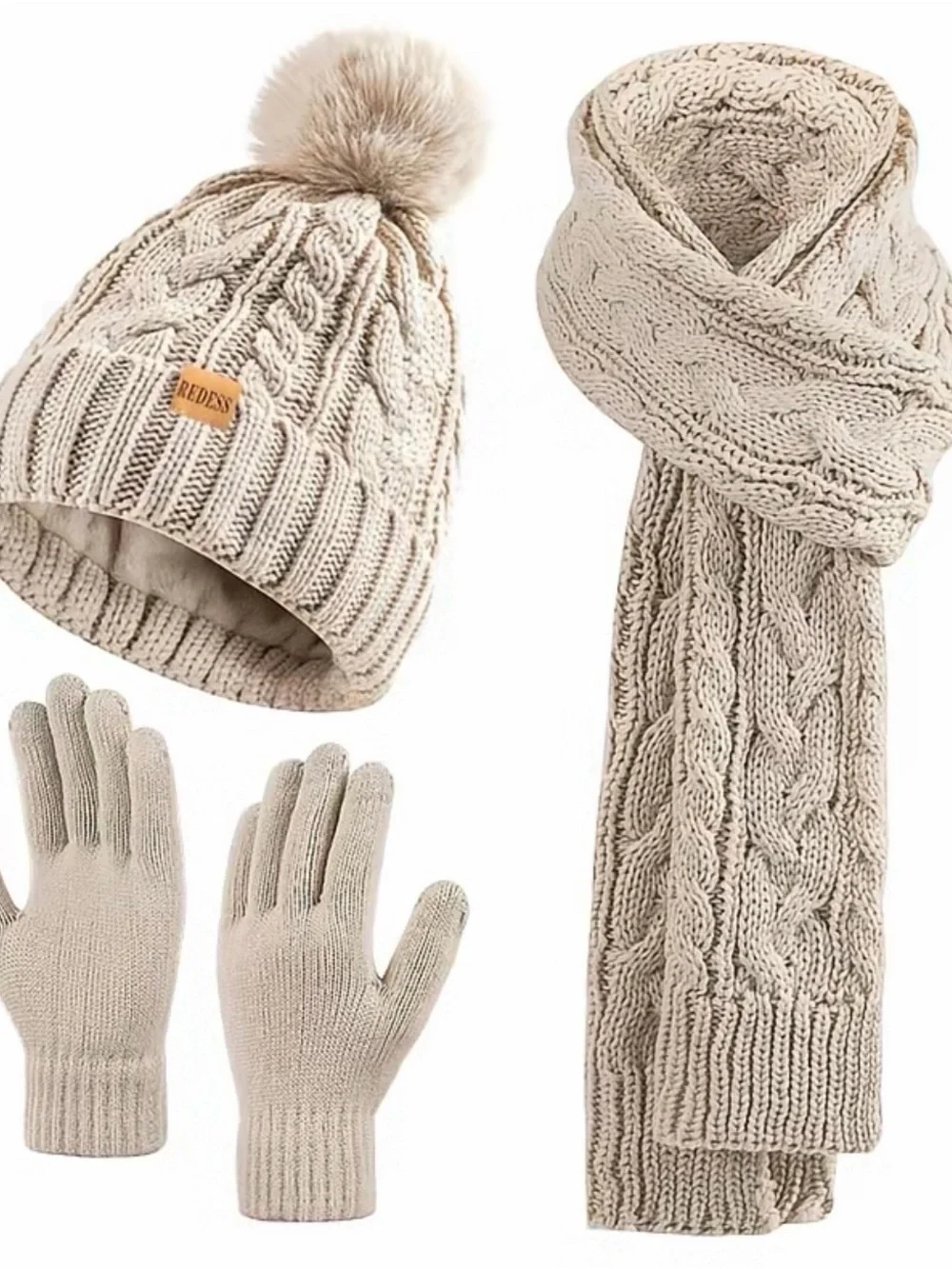 Cream Cable Knit Pom Beanie, Scarf & Gloves Set - Women